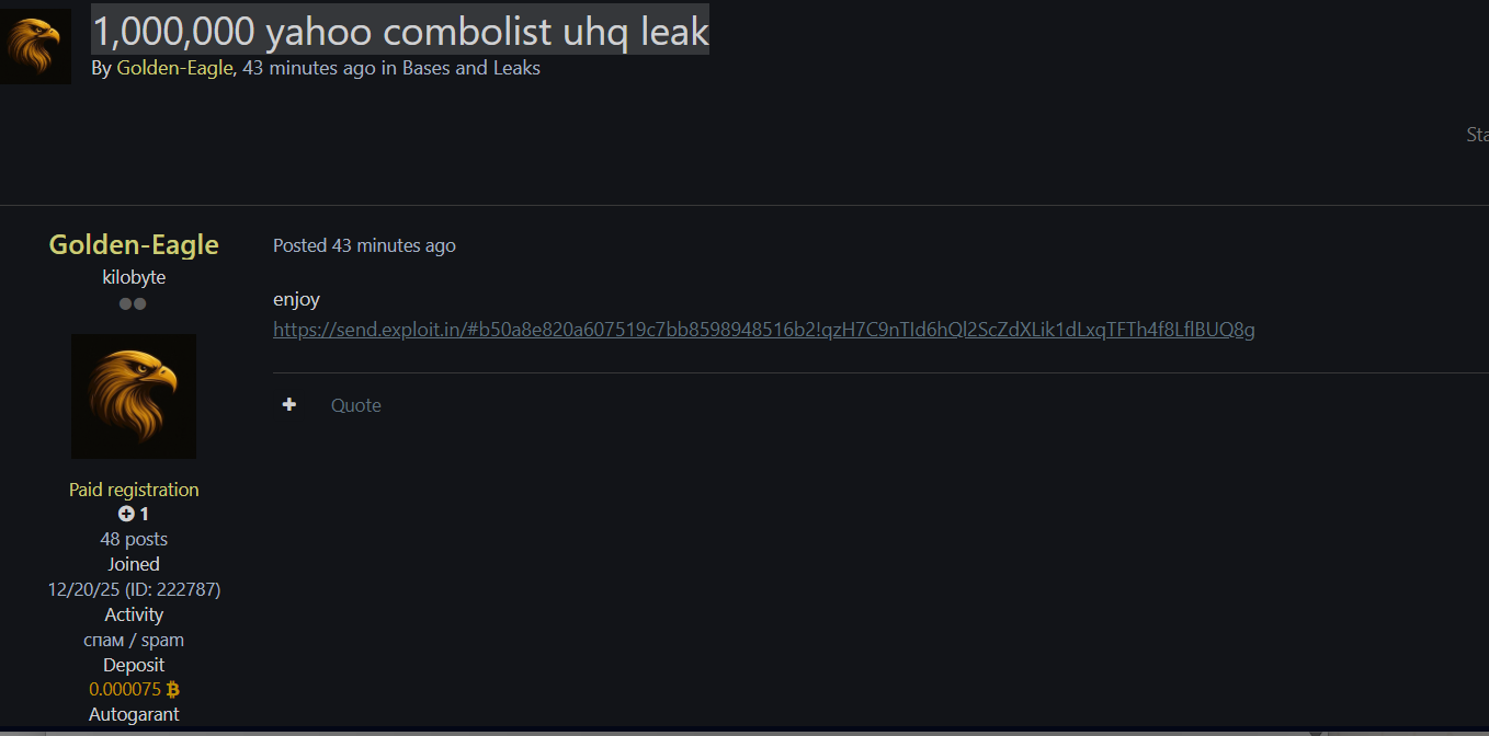 Alleged leak of 1 million Fresh Yahoo uhq Combolist