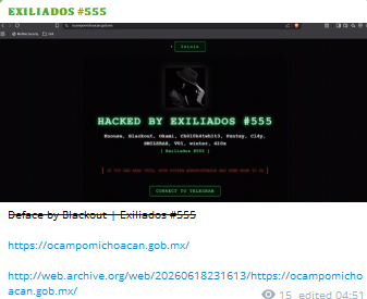 EXILIADOS #555 targets the website of Municipality of Ocampo