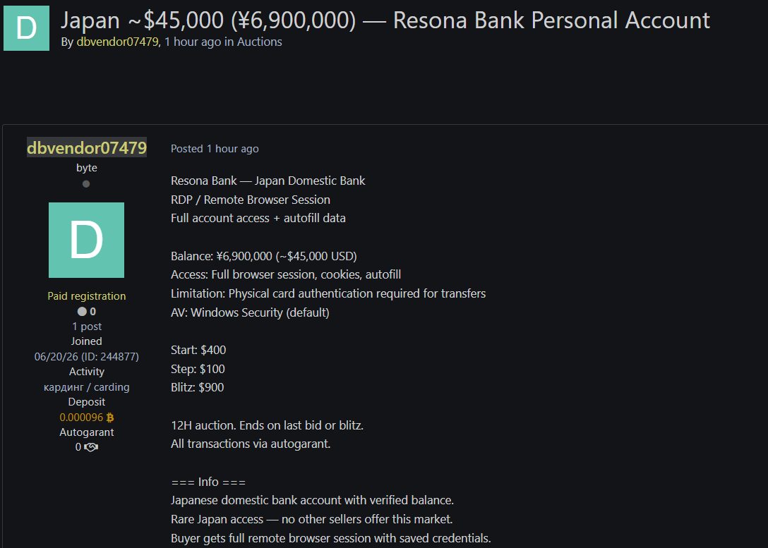 Alleged Sale of Unauthorized Access to Resona Bank