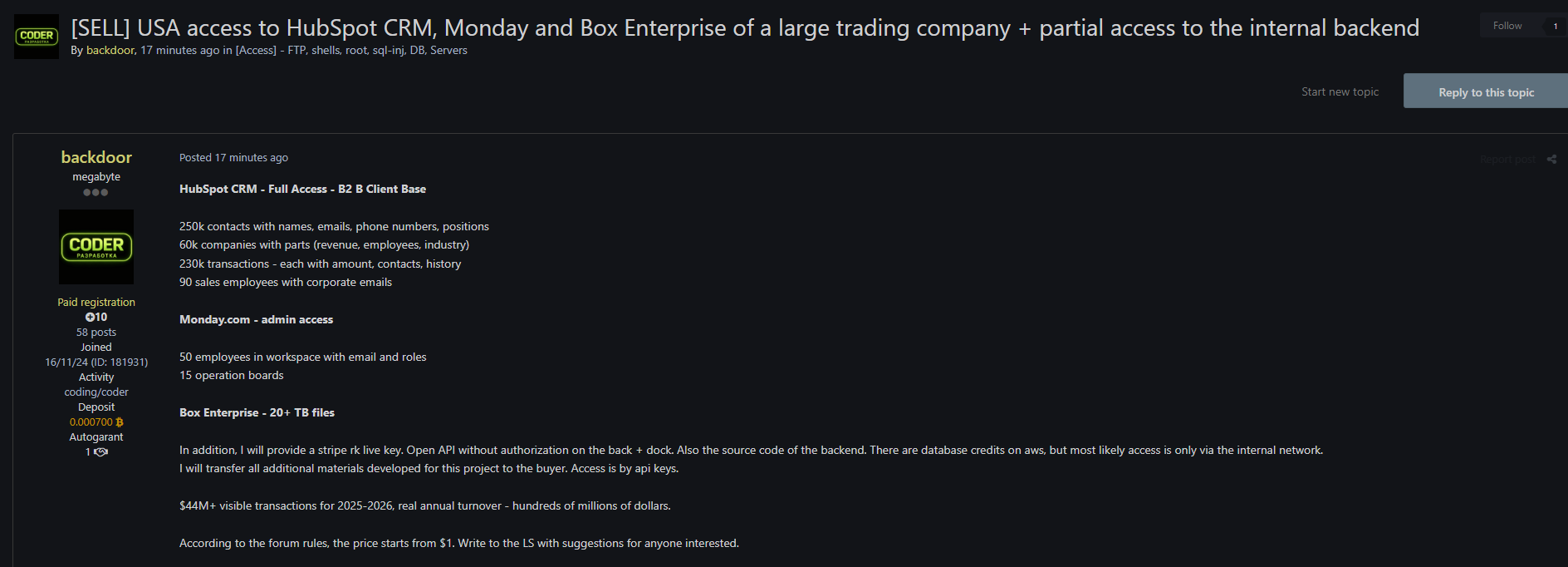 Alleged Sale of Unauthorized Access to a Large Trading Company’s