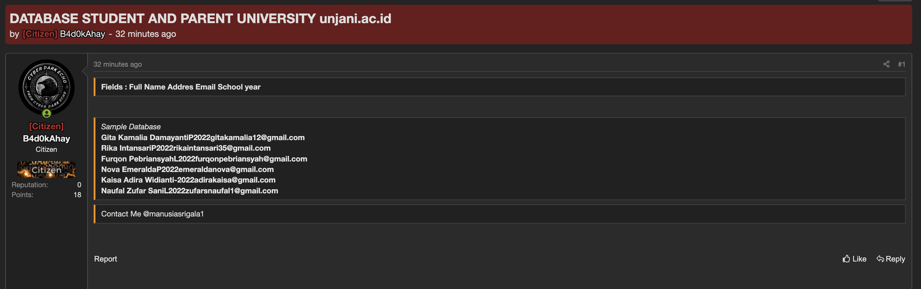 Alleged data breach of Universitas Jenderal Achmad Yani