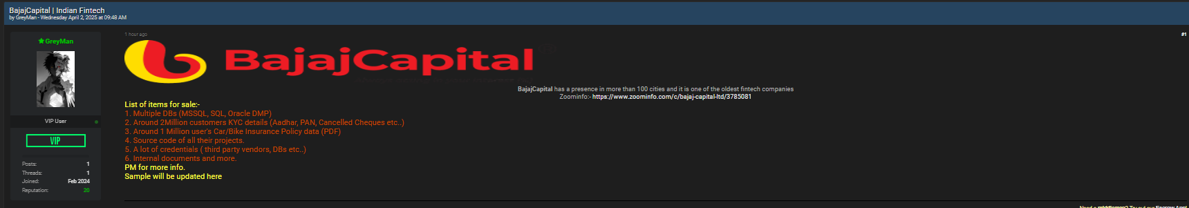 Bajaj Capital Limited的指称数据外泄