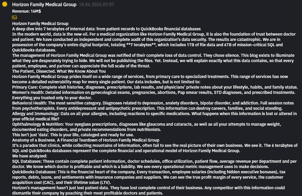 Horizon Family Medical Group falls victim to INC RANSOM Ransomware