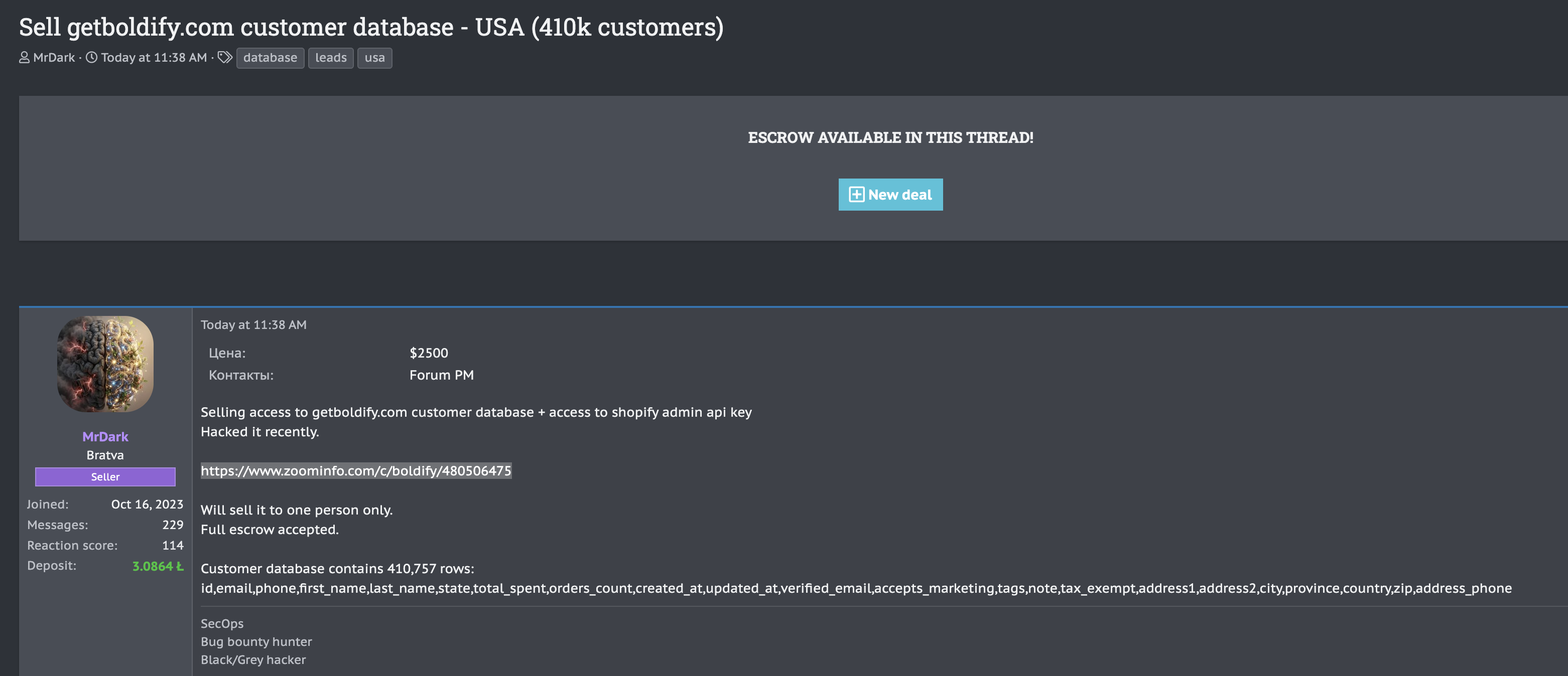 Alleged data breach of Boldify