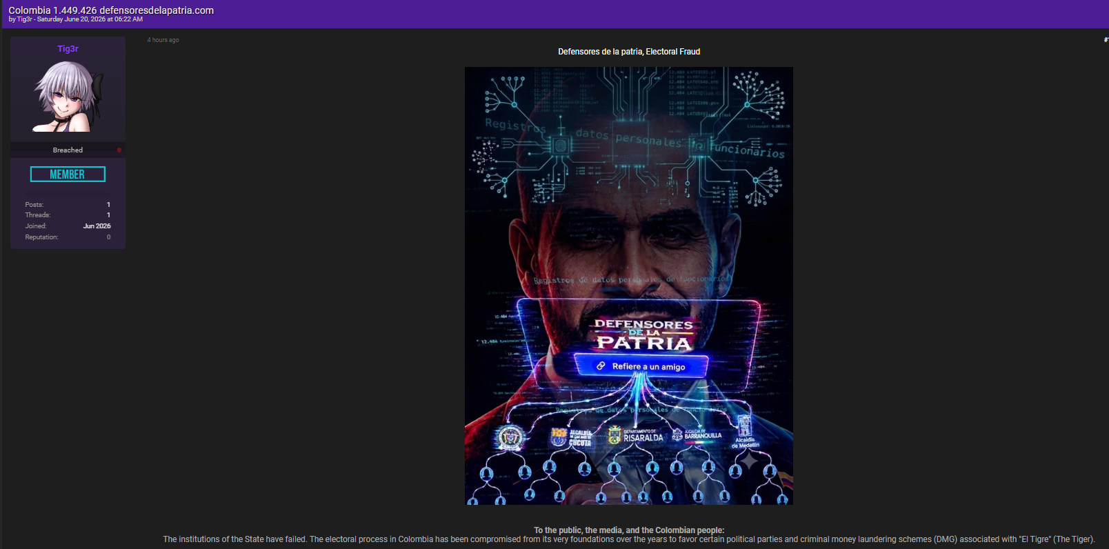 Alleged Breach of Defensor de la Patria database