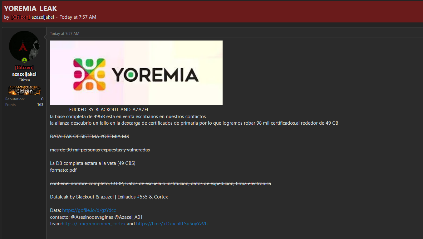 Alleged leak of Yoremia Educational Certification system data