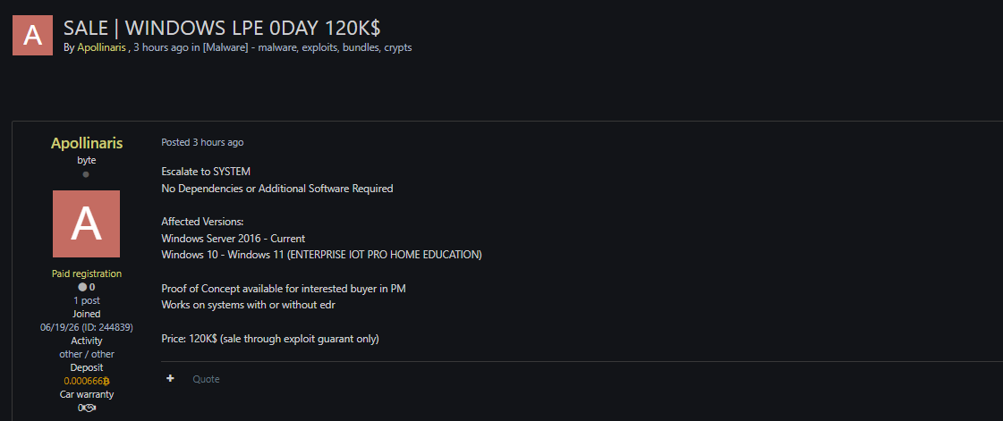 Alleged sale of Windows LPE zero-day exploit