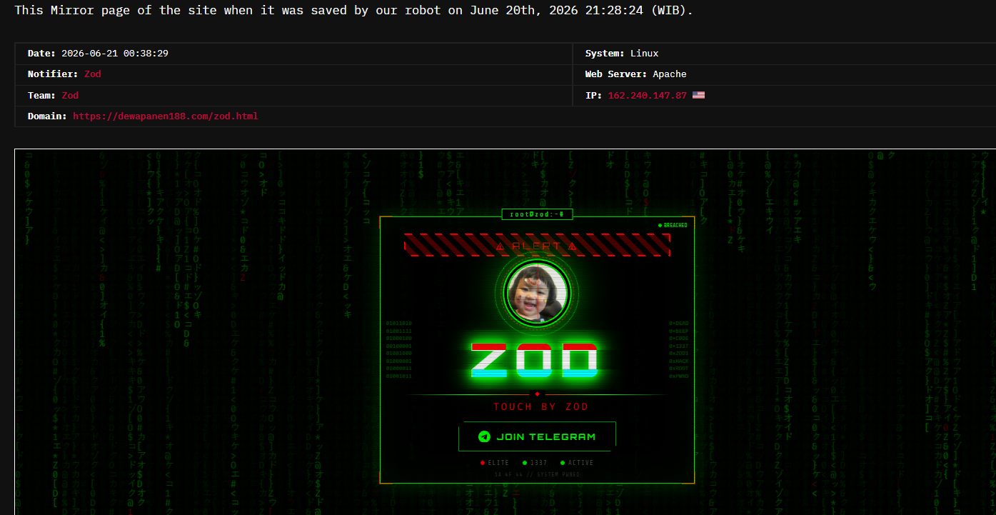 Zod targets the website of Dewapanen188