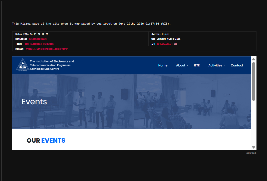 Team Hazardous Pakistan targets the website of IETE Kozhikode Sub Centre