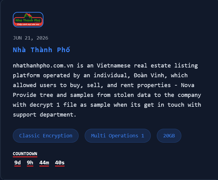 Nhà Thành Phố falls victim to Nova Ransomware