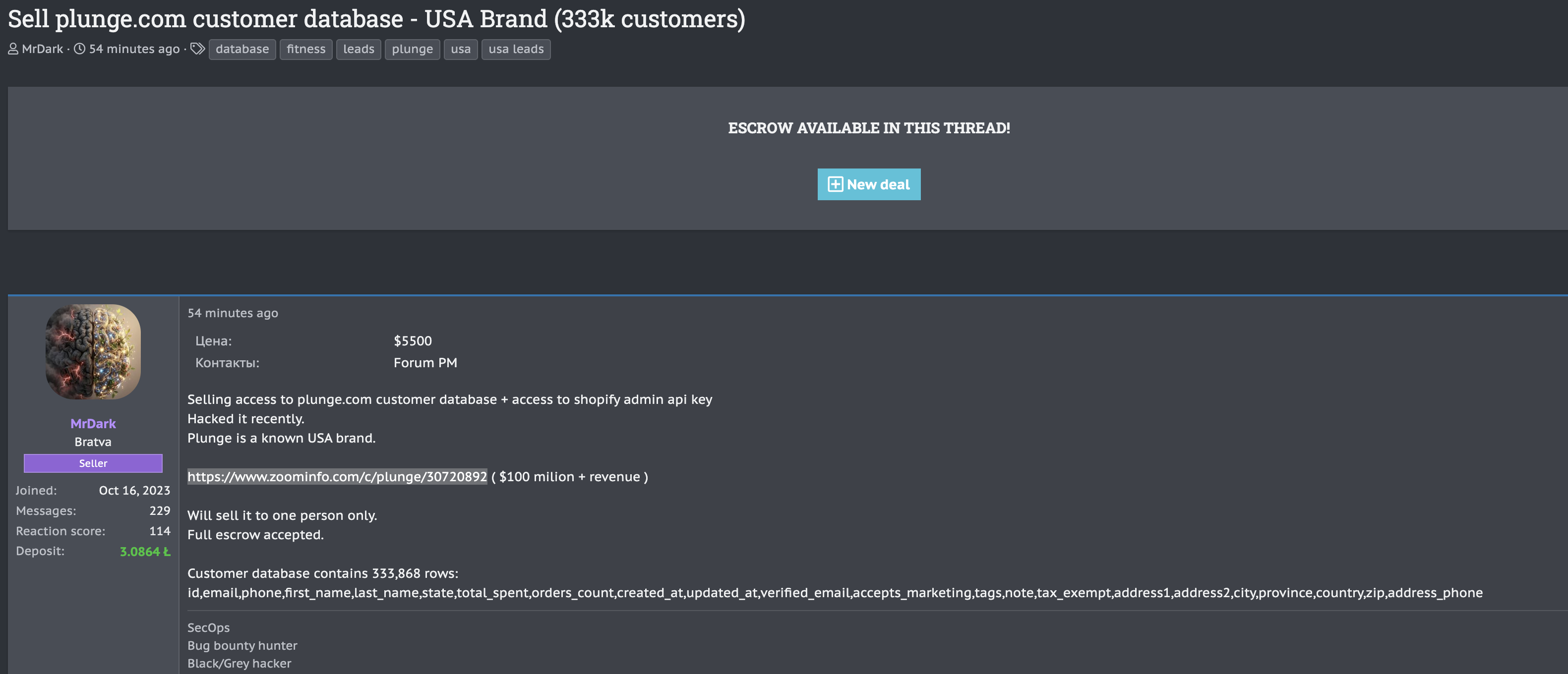 Alleged data breach of Plunge
