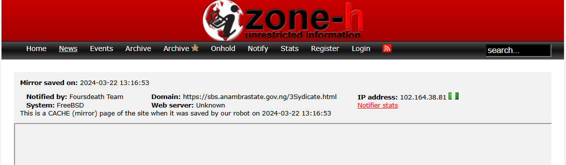 Foursdeath Team targets the website of Anambra State Government