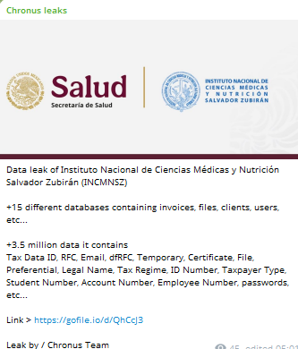 Alleged data leak of Instituto Nacional de Ciencias Médicas y Nutrición Salvador Zubirán