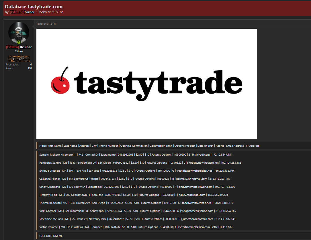 Alleged leak of tastytrade customer database