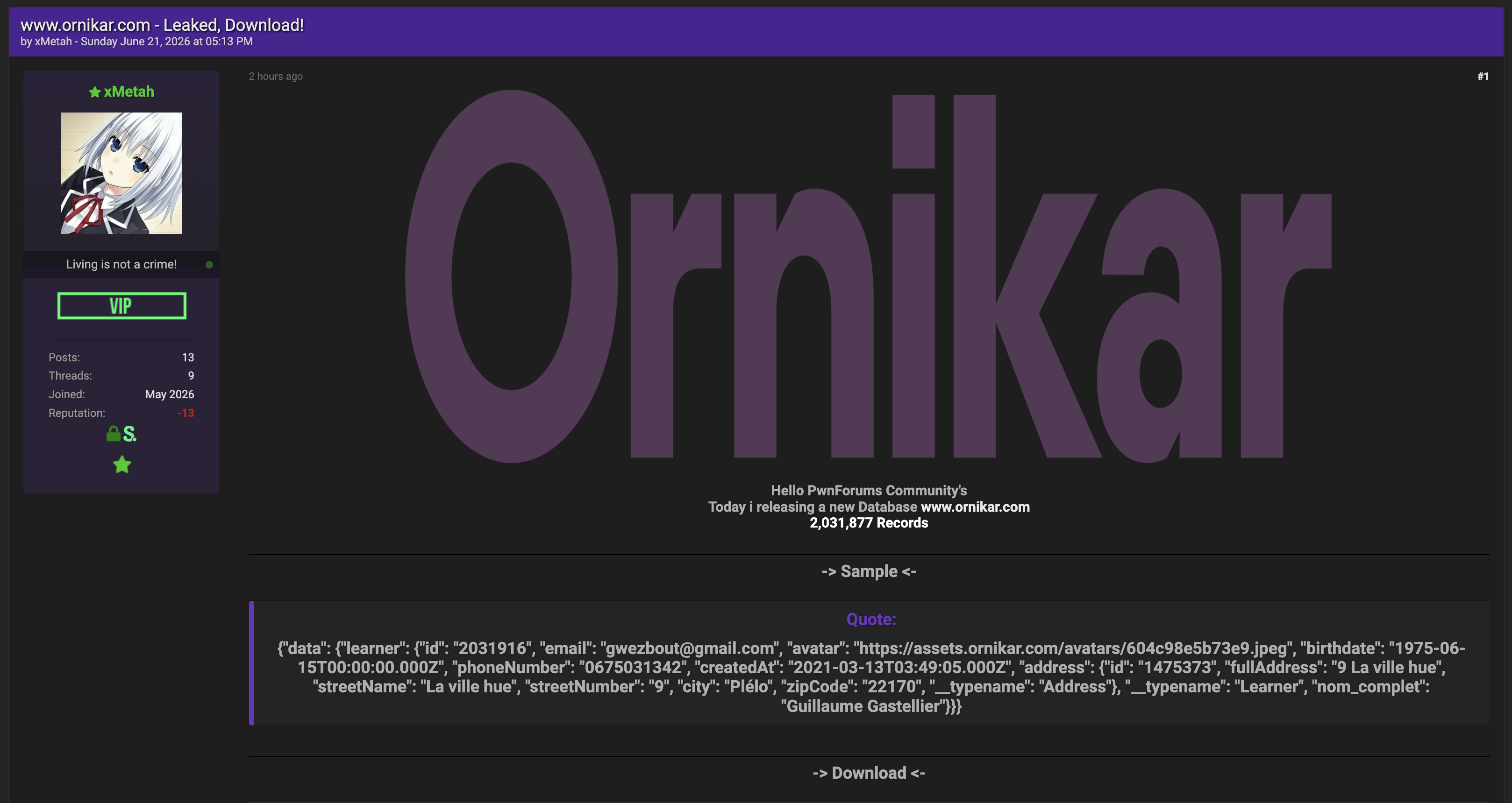 Alleged data breach of Ornikar