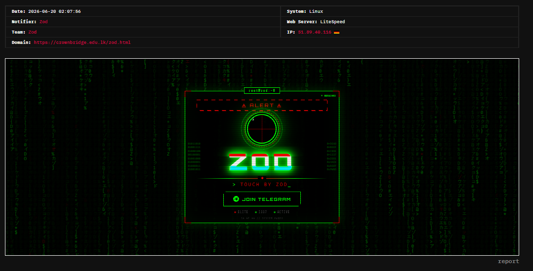 Zod targets the website of Crownbridge International College