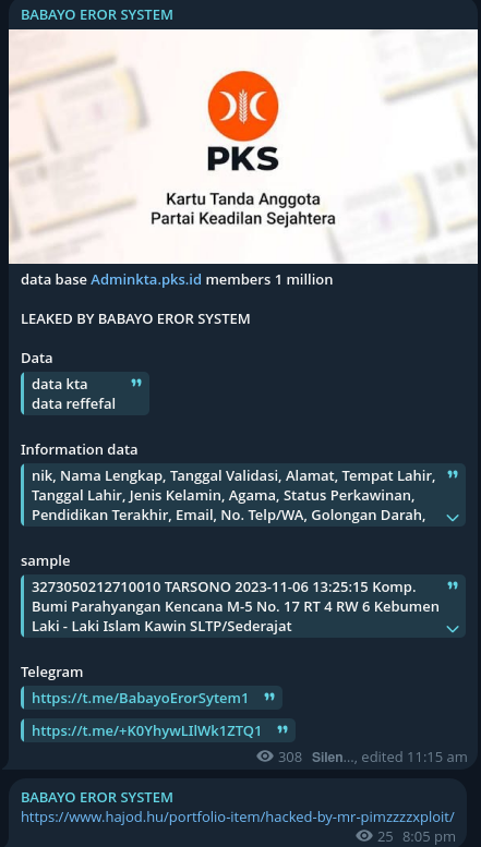 BABAYO EROR SYSTEM targets the website of Partai Keadilan Sejahtera