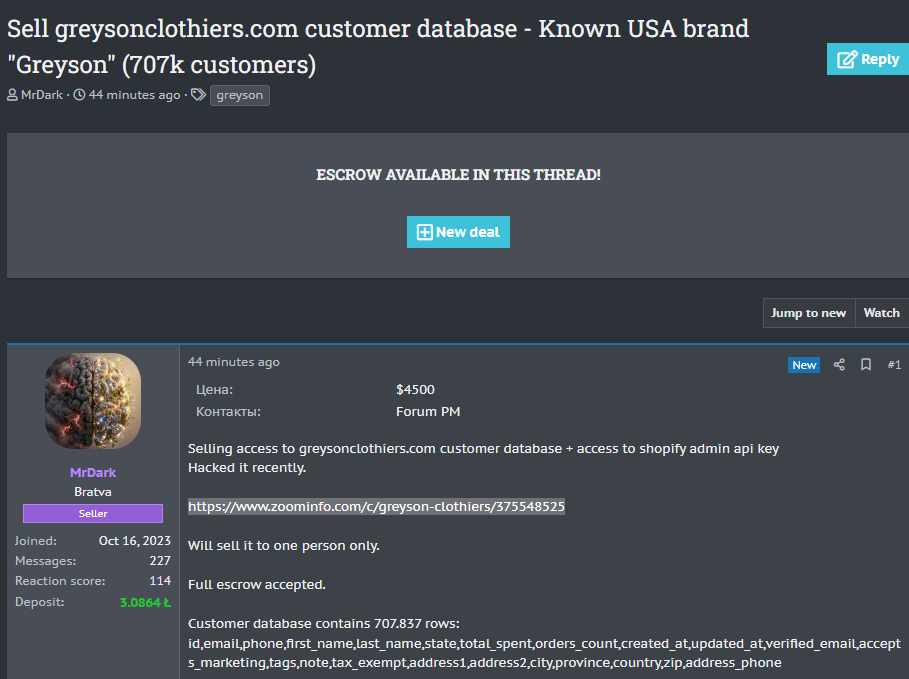 Alleged sale of Greyson Clothiers customer database