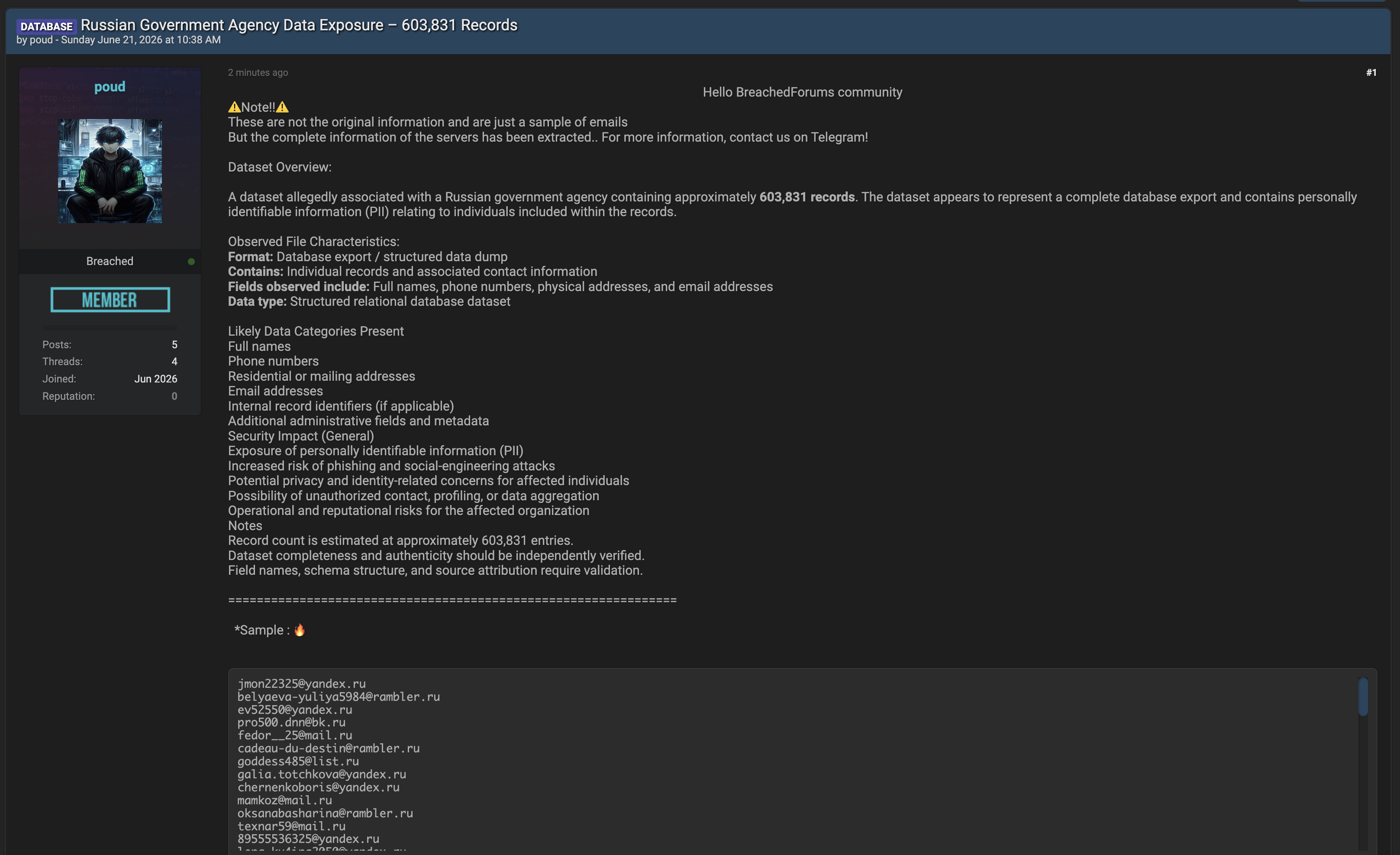 Alleged data leak of Russian Government Agency