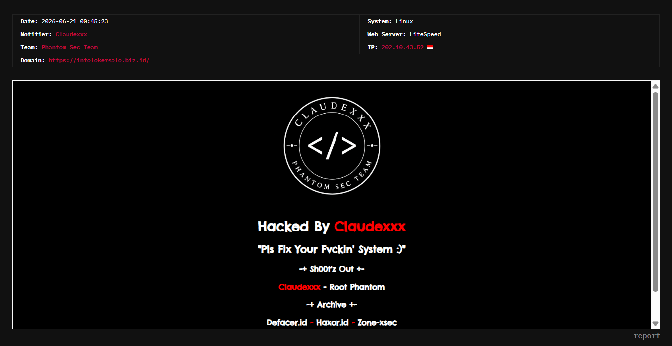Phantom Sec Team targets the website of Info Loker Solo