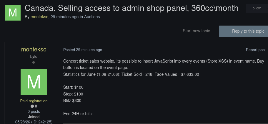 Alleged sale of unauthorized admin access to an unidentified concert ticket sales website in Canada