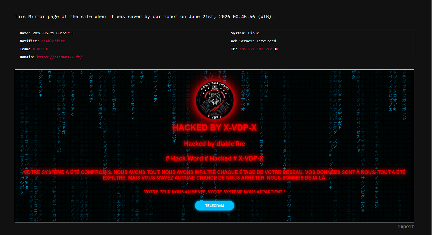 X-VDP-X targets the website of Caïmans 72
