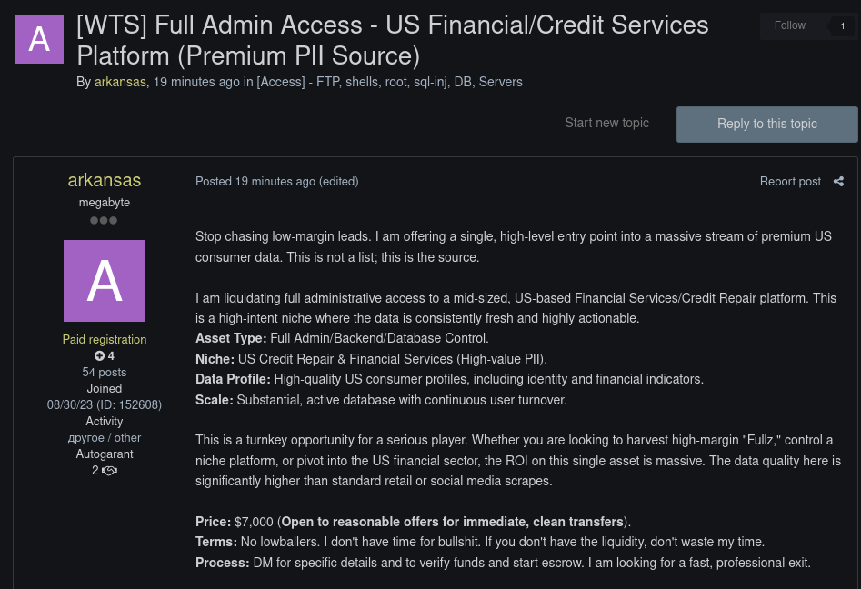 Alleged sale of unauthorized admin access to an unidentified financial services and credit repair platform in USA
