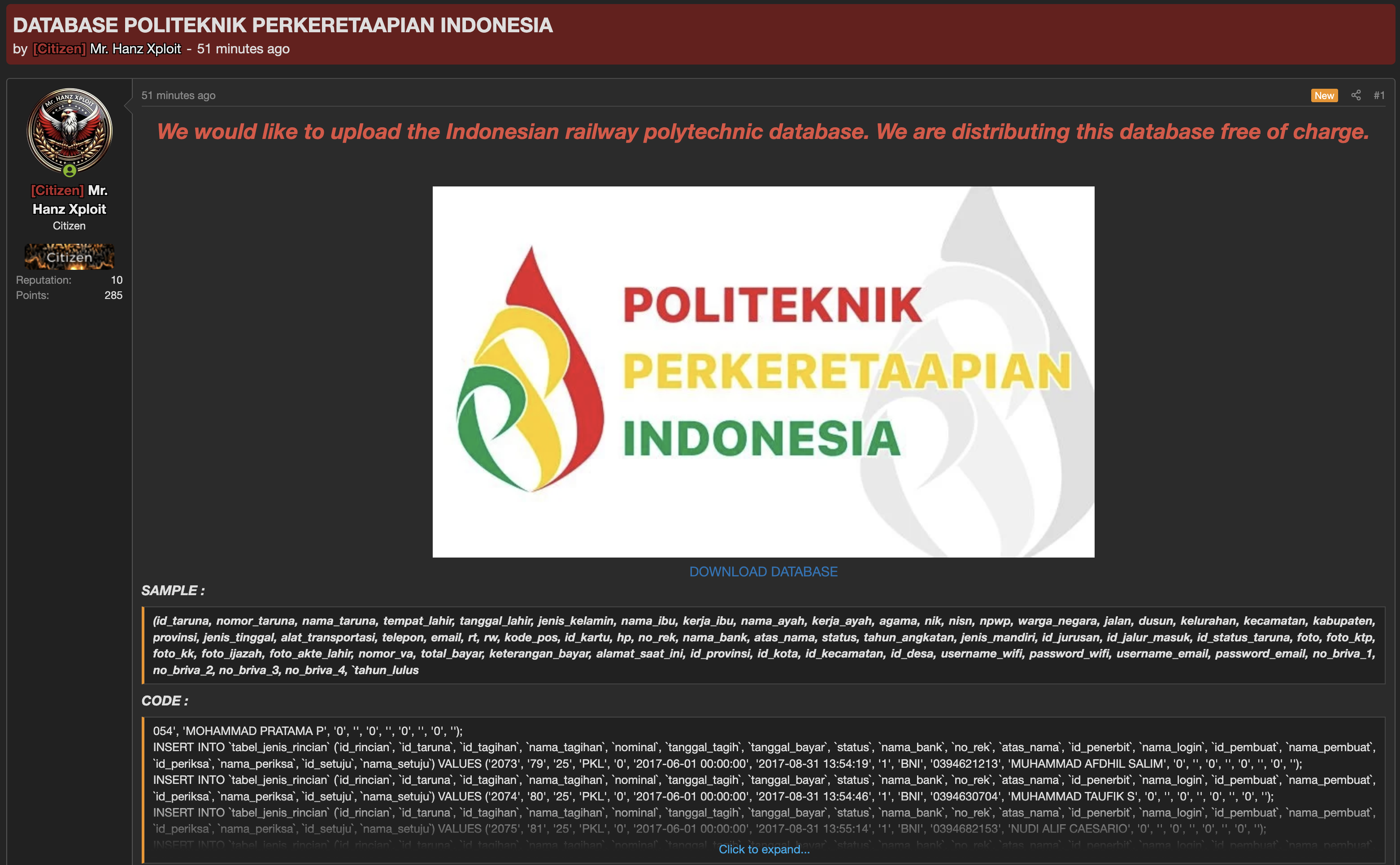 Alleged data breach of Politeknik Perkeretaapian