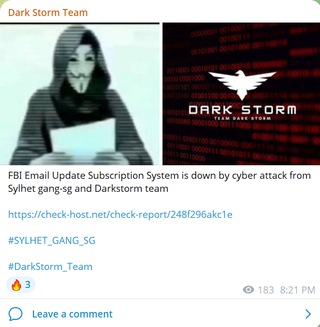 Dark Storm Team瞄准联邦调查局网站