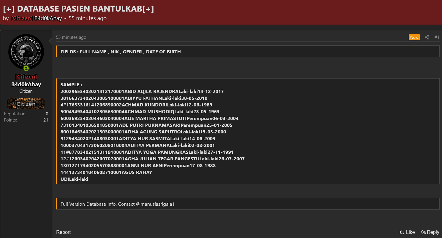 Alleged data breach of Pemerintah Kabupaten Bantul