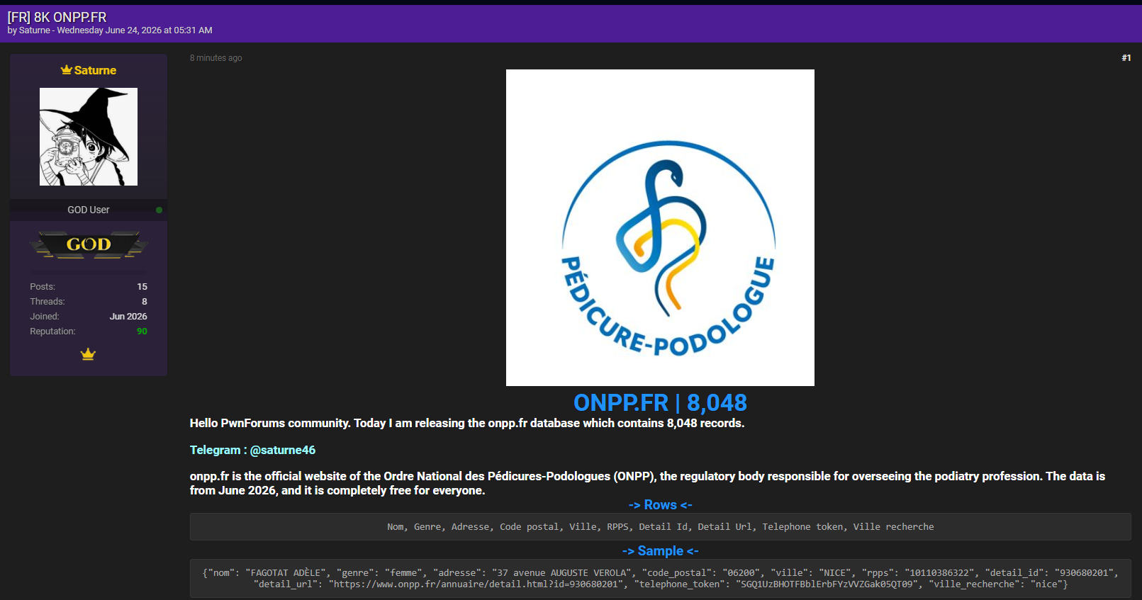 Alleged Data Breach of Ordre National des Pédicures-Podologues (ONPP) website