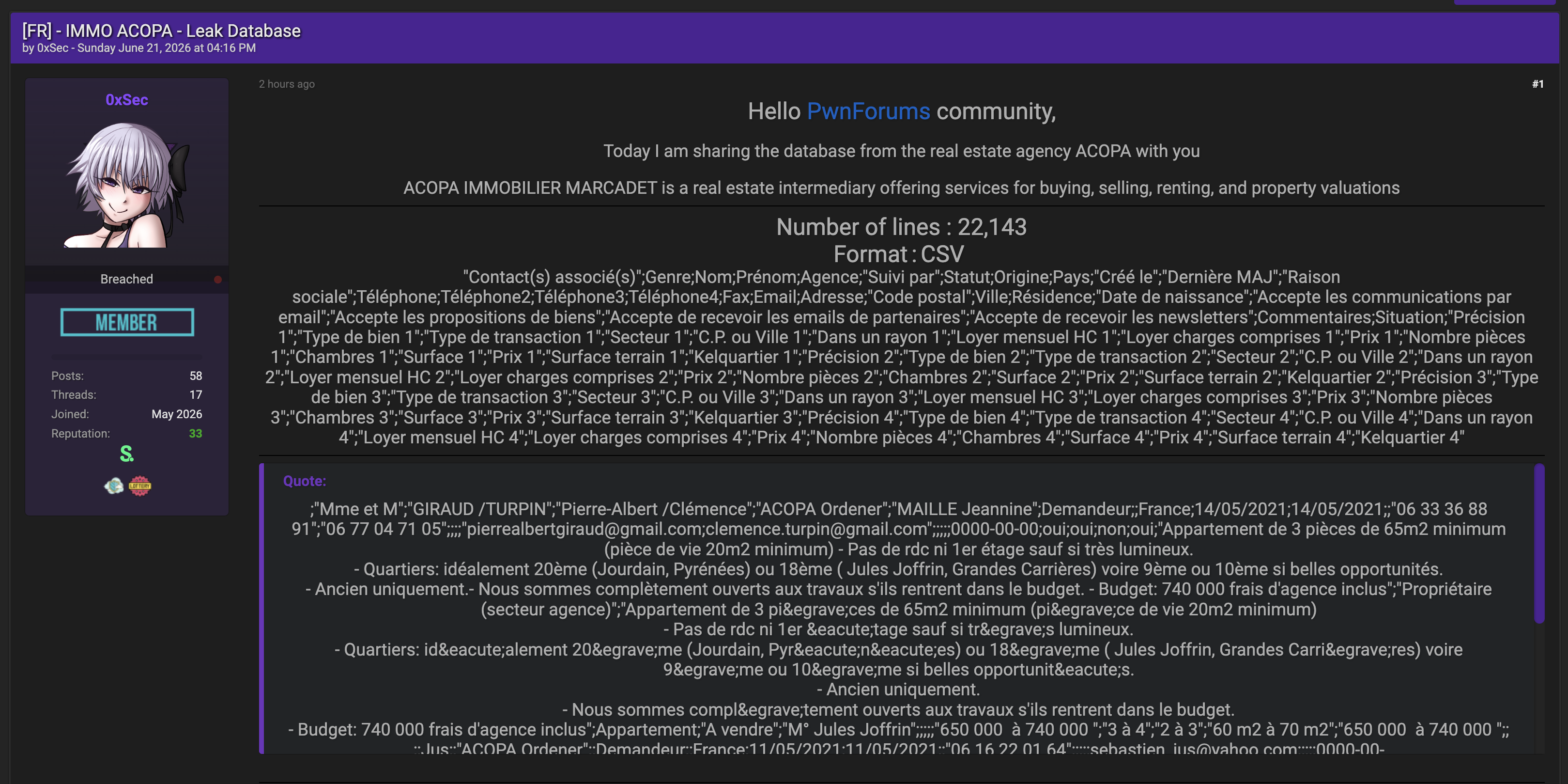 Alleged data breach of ACOPA Immobilier Marcadet