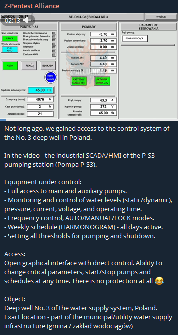 Alleged Unauthorized Access to No. 3 deep well of water supply system in Poland