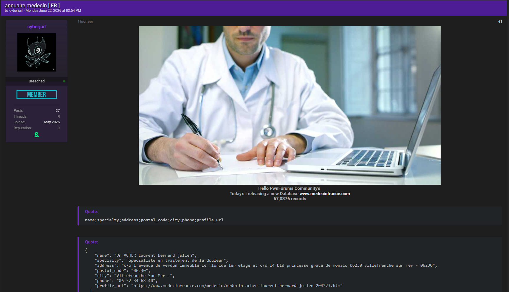 Alleged Data Leak of French Medical Directory Records