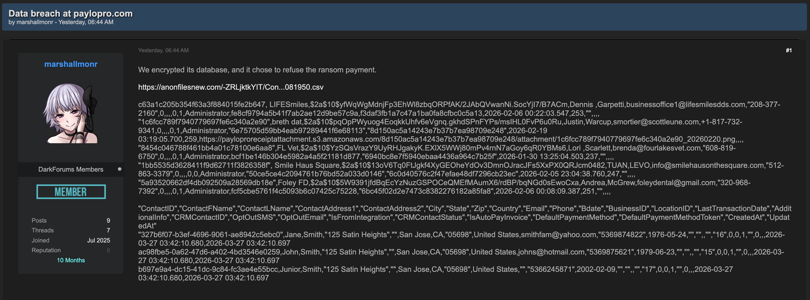 Alleged data breach of PayloPro