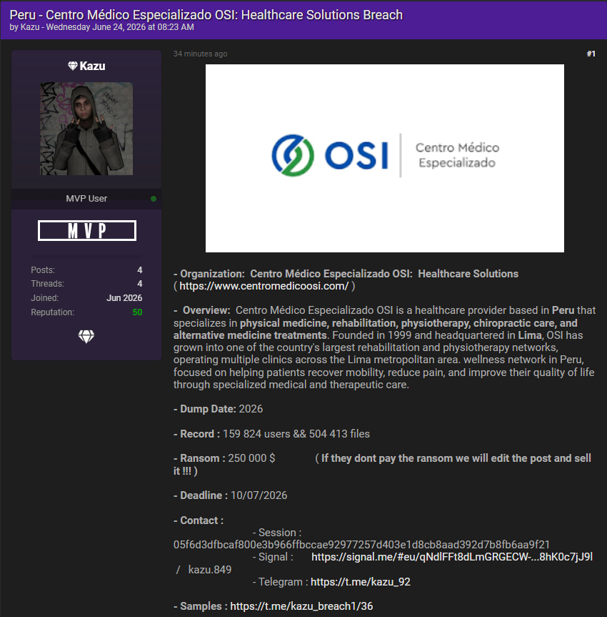 Alleged data breach of OSI Medical Center