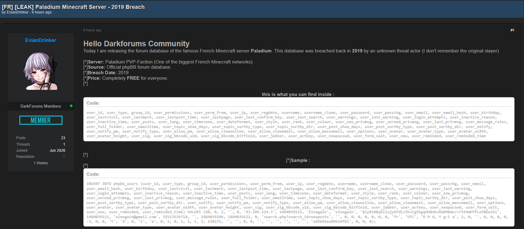 Alleged leak of Paladium Minecraft Server Forum database