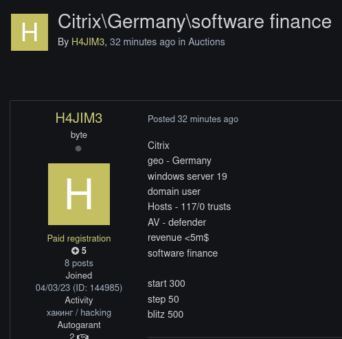 Alleged sale of unauthorized Citrix access to an unidentified software and finance company in Germany