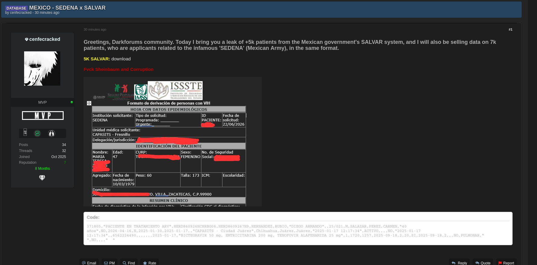 Alleged Leak of SALVAR and SEDENA Patient Data
