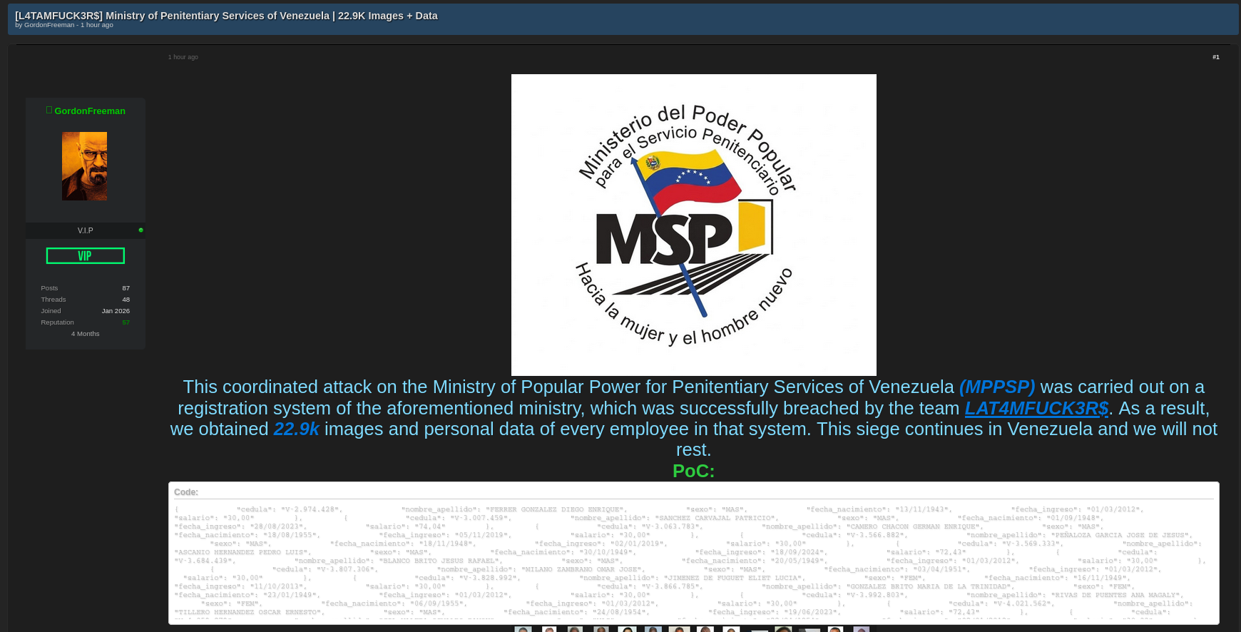 Alleged data breach of Ministry of Popular Power for Penitentiary Services