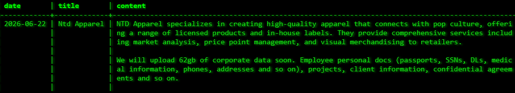 NTD Apparel Inc. falls victim to Akira ransomware