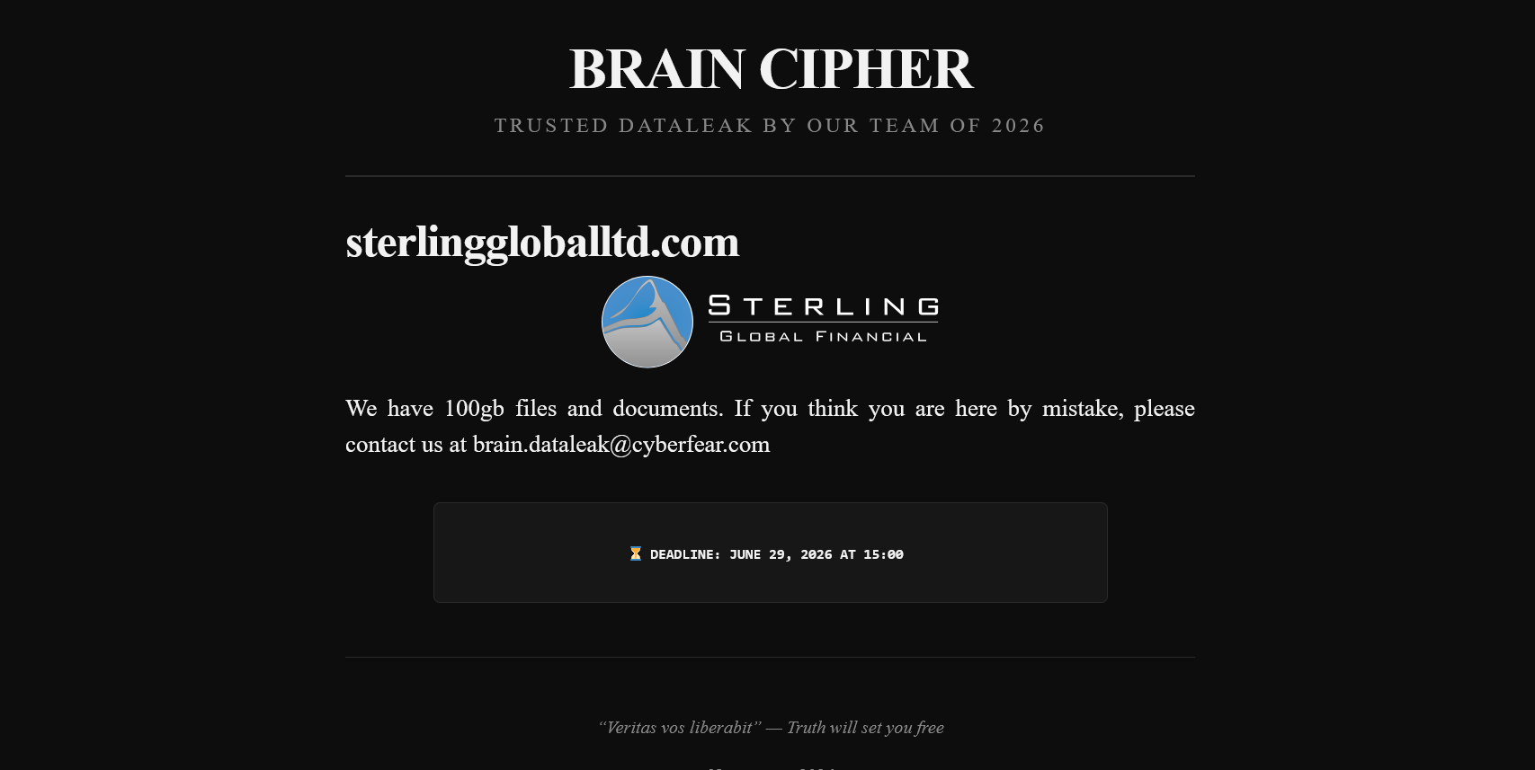 Sterling Global Financial Ltd. falls victim to Brain Cipher Ransomware