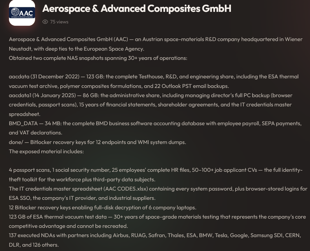Aerospace & Advanced Composites GmbH falls victim to Aur0ra ransomware