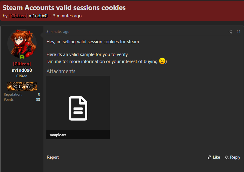 Alleged Sale of Steam Session Cookies