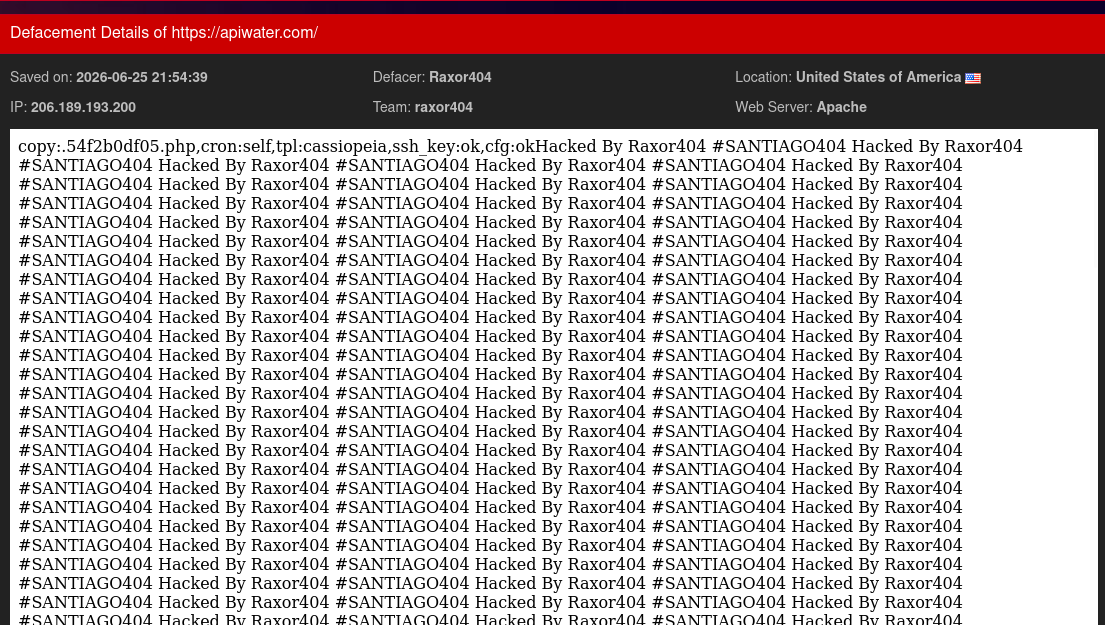 Raxor404 targets the website of API Water