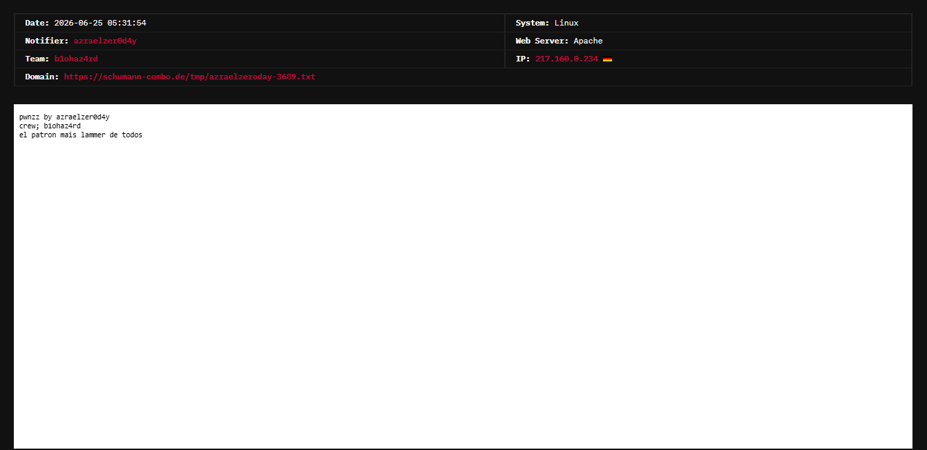 azraelzer0d4y targets the website of Schumann Combo