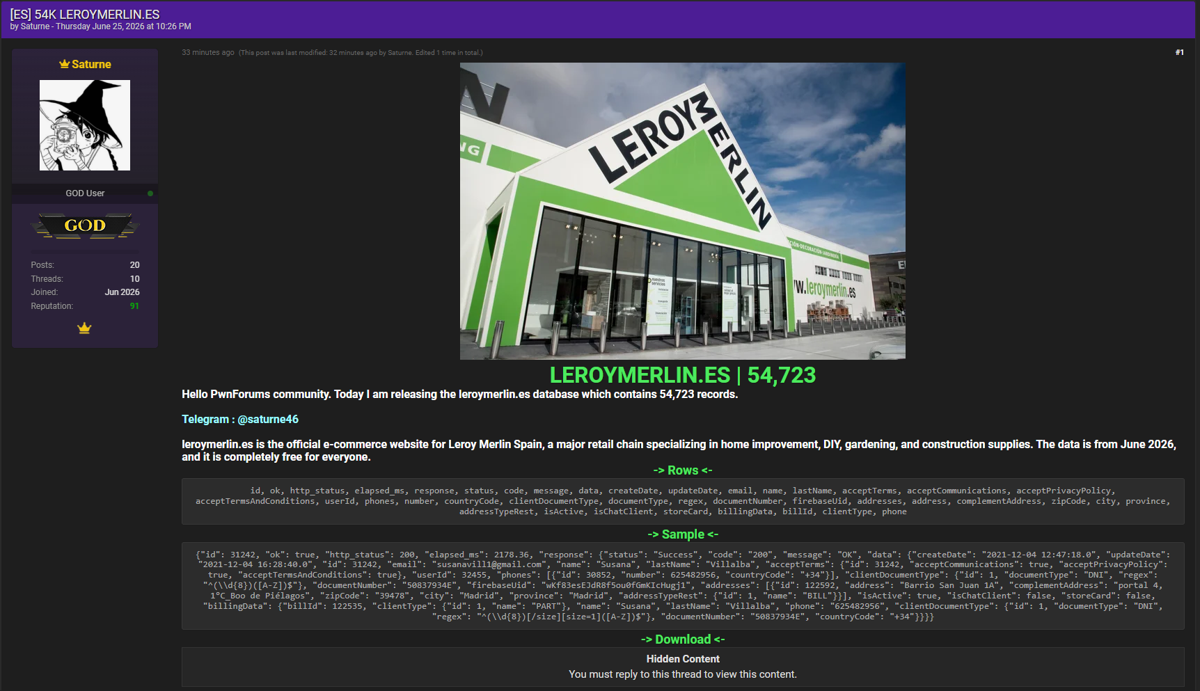 Alleged data breach of Leroy Merlin Espana