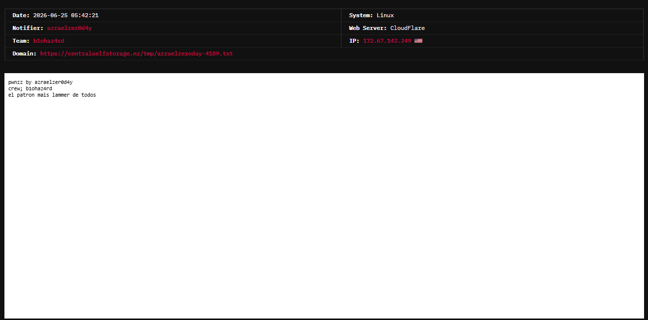 azraelzer0d4y targets the website of Central Self Storage
