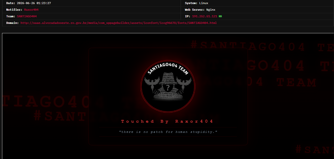 Raxor404 targets the website of SAAE Alvorada do Oeste