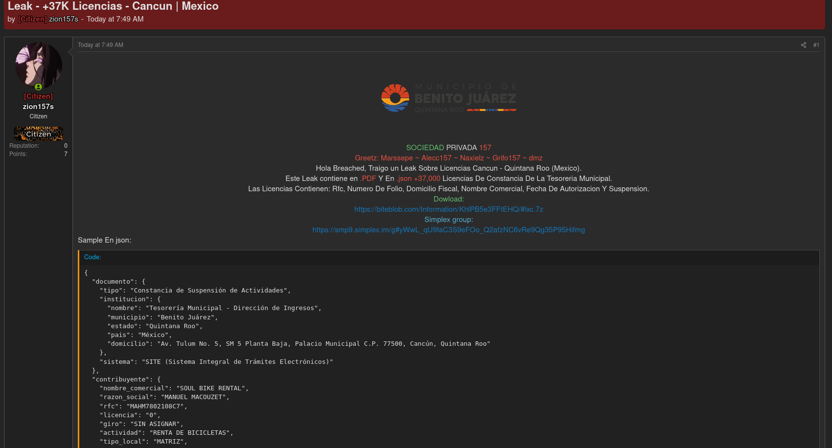Alleged Data Breach of Municipal Business Licenses – Cancún, Mexico